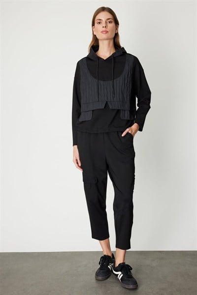 On Kapüşonlu Mix Kumaş Sweat SIYAH