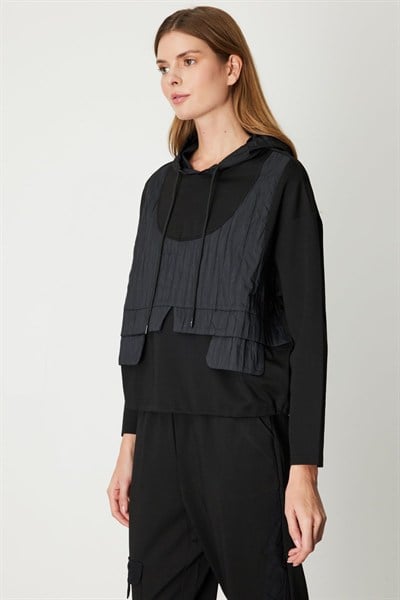 On Kapüşonlu Mix Kumaş Sweat SIYAH