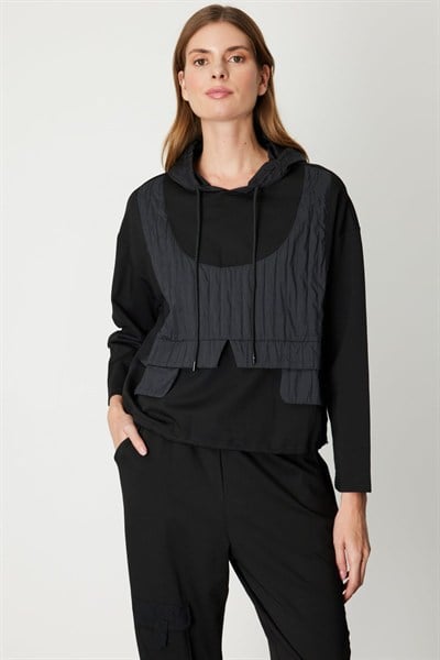 On Kapüşonlu Mix Kumaş Sweat SIYAH