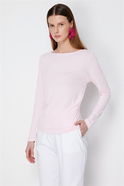 On Kayık Yaka Büzgü Detaylı Basic Bluz PEMBE