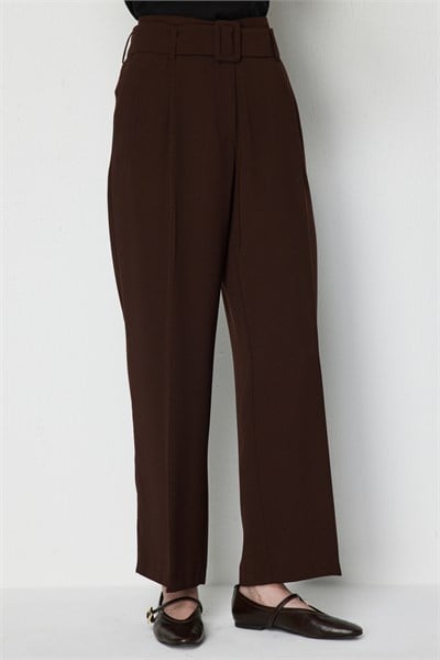 On Kemerli Tek Pile Bol Paça Pantolon KAHVE