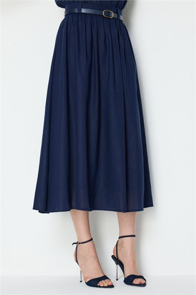 On Kemerli Volanlı Midi Etek LACIVERT