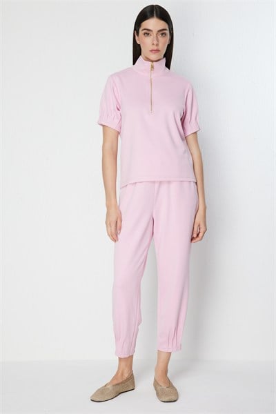 On Kolları Dikişli Dik Yaka Bluz PEMBE