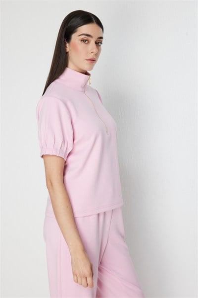 On Kolları Dikişli Dik Yaka Bluz PEMBE
