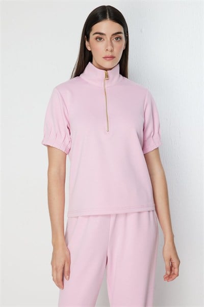 On Kolları Dikişli Dik Yaka Bluz PEMBE