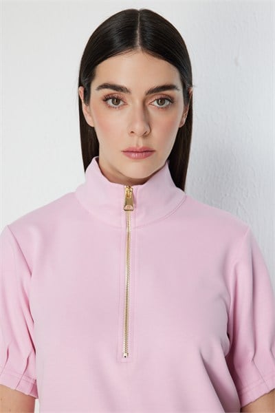 On Kolları Dikişli Dik Yaka Bluz PEMBE