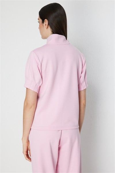 On Kolları Dikişli Dik Yaka Bluz PEMBE