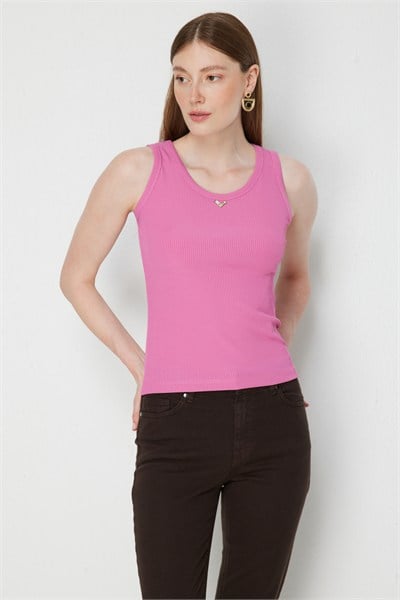 On Metal Aksesuarlı Pamuklu Basic Bluz PEMBE