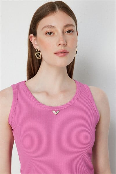 On Metal Aksesuarlı Pamuklu Basic Bluz PEMBE