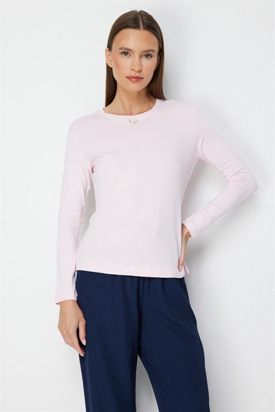 On Metal Aksesuarlı Sıfır Yaka Basic Bluz PEMBE