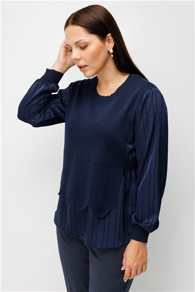 On Mix Kumaş Beli Lastikli Bluz Lacivert