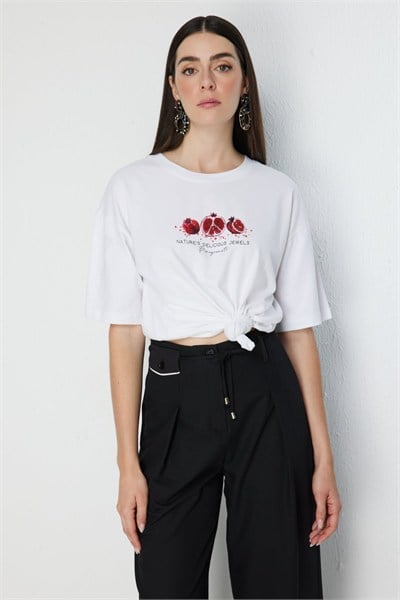 On Nar Baskılı Oversize Pamuk Bluz BEYAZ