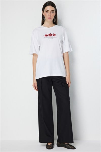 On Nar Baskılı Oversize Pamuk Bluz BEYAZ