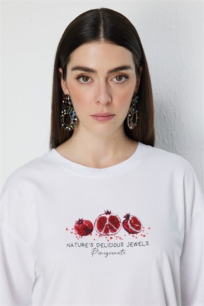 On Nar Baskılı Oversize Pamuk Bluz BEYAZ