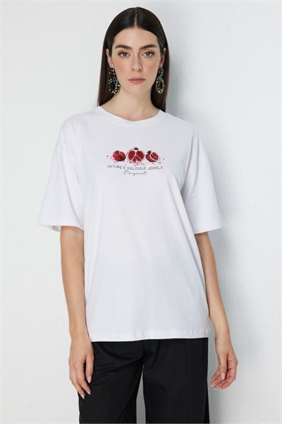 On Nar Baskılı Oversize Pamuk Bluz BEYAZ