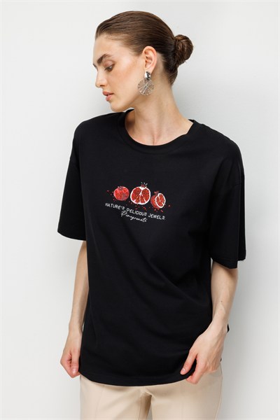 On Nar Baskılı Oversize Pamuk Bluz SIYAH