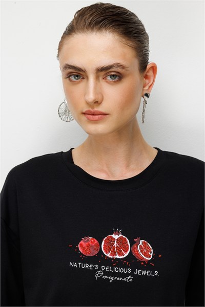 On Nar Baskılı Oversize Pamuk Bluz SIYAH