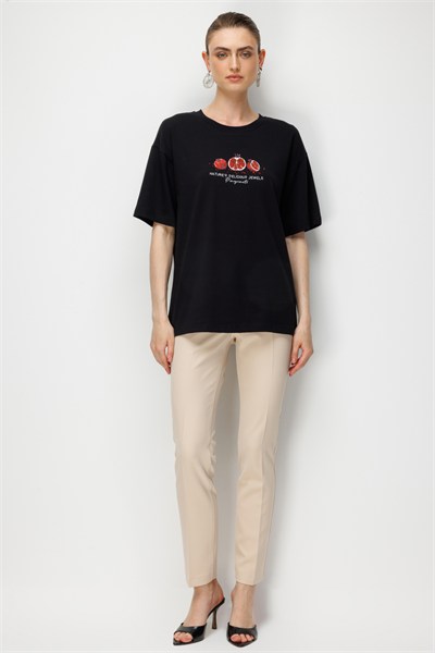 On Nar Baskılı Oversize Pamuk Bluz SIYAH