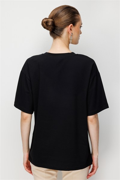 On Nar Baskılı Oversize Pamuk Bluz SIYAH