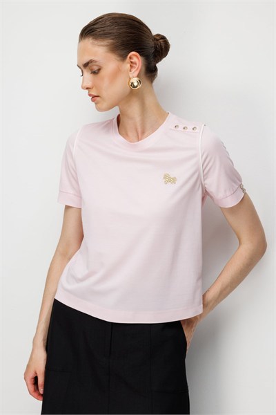 On Omzu Düğmeli İşleme Detaylı Bluz PEMBE