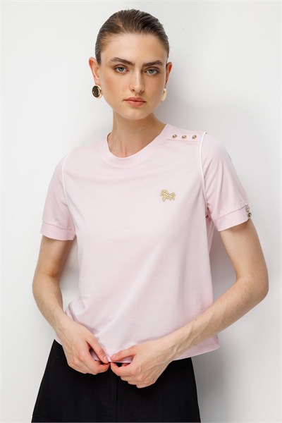 On Omzu Düğmeli İşleme Detaylı Bluz PEMBE