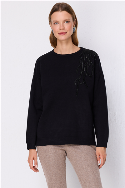 On Omzu Taş İşlemeli Triko Kazak SIYAH