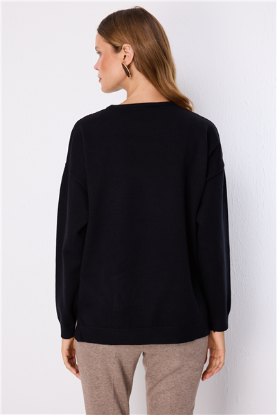 On Omzu Taş İşlemeli Triko Kazak SIYAH