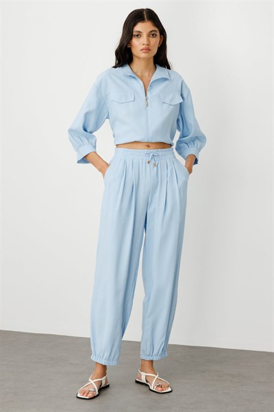 On Paçaları Lastikli Spor Pantolon Mavi