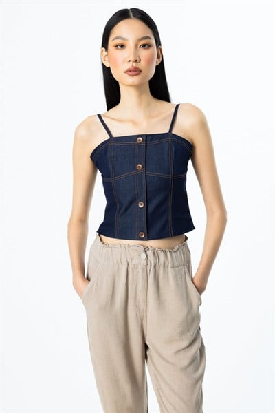 On Pamuklu Askılı Crop Bluz INDIGO