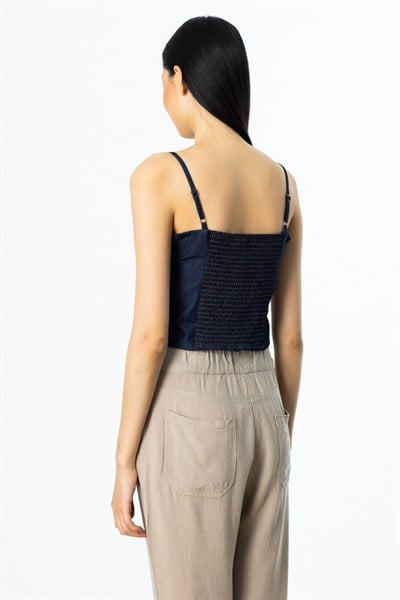 On Pamuklu Askılı Crop Bluz INDIGO