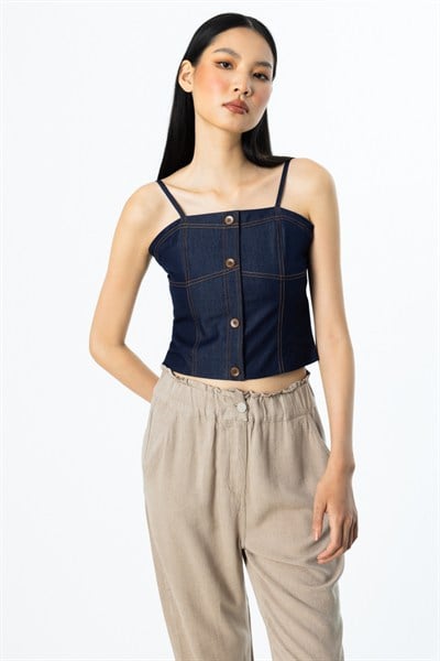 On Pamuklu Askılı Crop Bluz INDIGO
