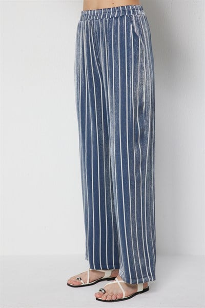 On Parlak Kumaş Çizgili Pantolon INDIGO
