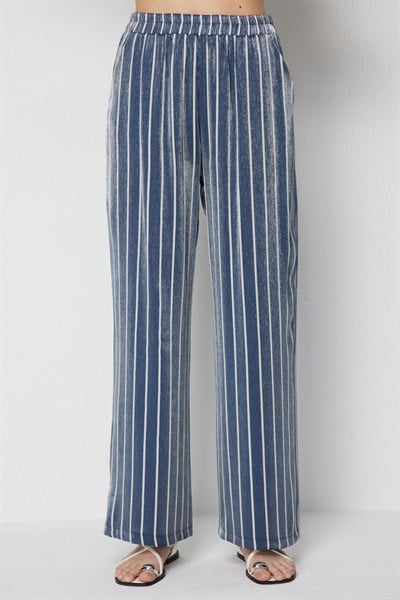 On Parlak Kumaş Çizgili Pantolon INDIGO