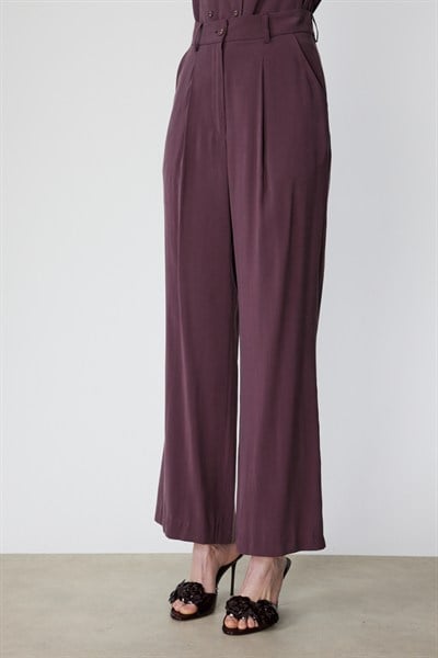 On Pile Detaylı Bol Paça Pantolon BORDO