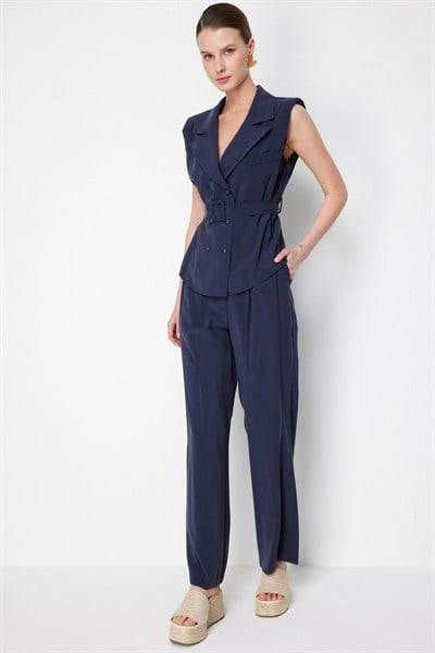 On Pile Detaylı Bol Paça Pantolon INDIGO