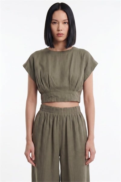On Pile Detaylı Crop Bluz HAKI