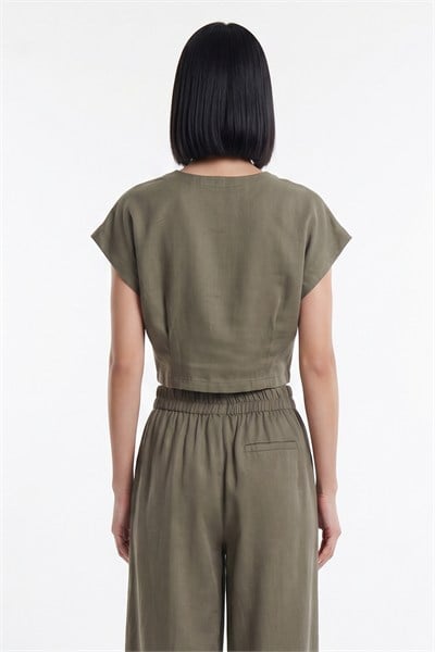 On Pile Detaylı Crop Bluz HAKI