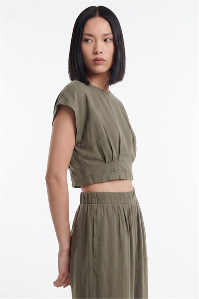 On Pile Detaylı Crop Bluz HAKI