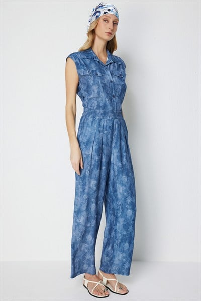 On Pile Detaylı Desenli Bol Paça Pantolon INDIGO