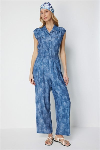 On Pile Detaylı Desenli Bol Paça Pantolon INDIGO