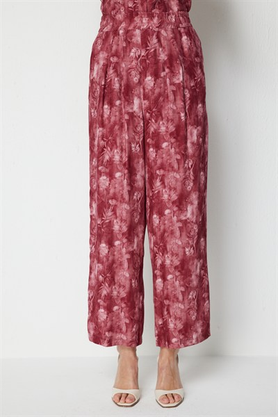 On Pile Detaylı Desenli Bol Paça Pantolon BORDO