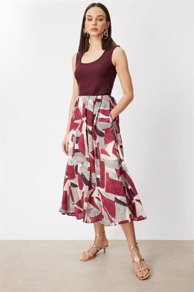 On Pileli Desenli Maxi Etek BORDO