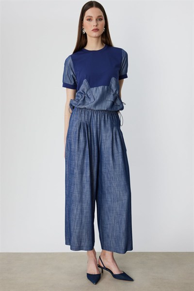 On Pileli Geniş Paça Pantolon INDIGO