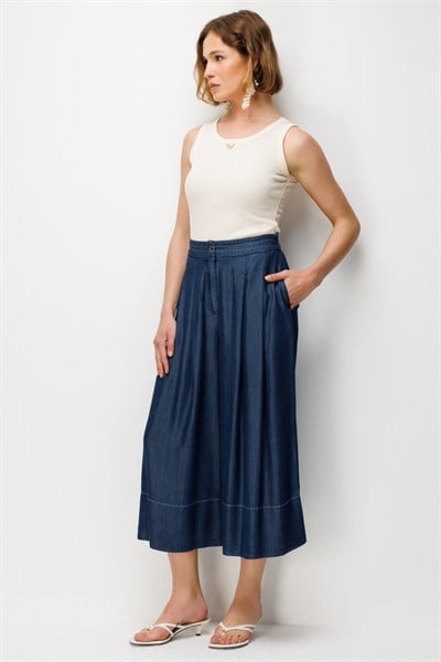 On Pileli Geniş Paça Pantolon INDIGO
