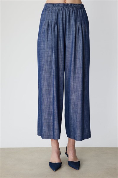 On Pileli Geniş Paça Pantolon INDIGO