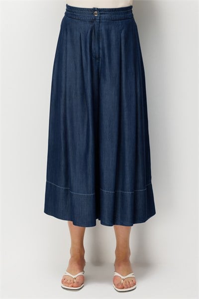 On Pileli Geniş Paça Pantolon INDIGO