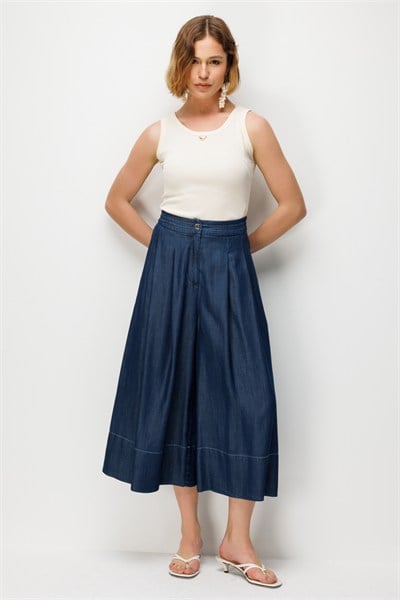 On Pileli Geniş Paça Pantolon INDIGO