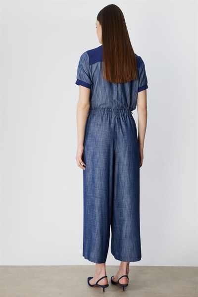 On Pileli Geniş Paça Pantolon INDIGO