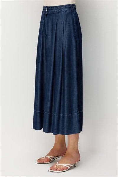 On Pileli Geniş Paça Pantolon INDIGO