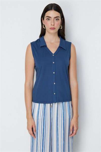 On Polo Yaka Düğmeli Bluz INDIGO